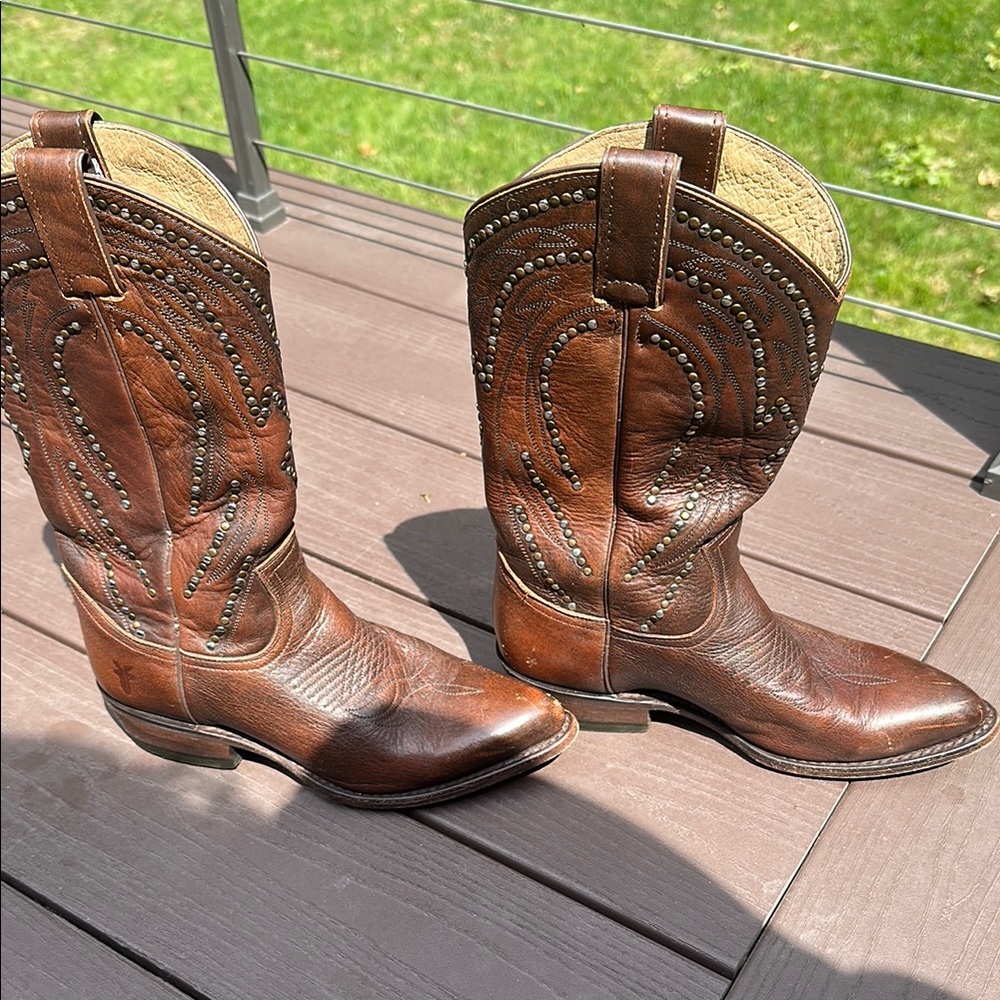 Brown Leather Cowboy Boots with Studded Design